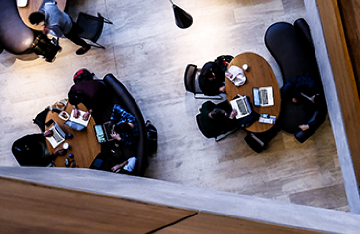 Aerial view of students studying